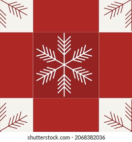 Vector Gingham seamless pattern background with white and red snowflakes