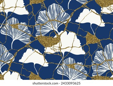 Vector ginkgo biloba leaves seamless pattern, kintsugi art concept, Golden, deep blue, white colors