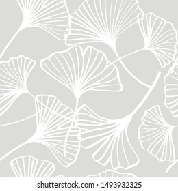 Vector ginkgo leaves seamless pattern, white and gray