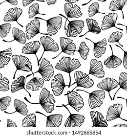 Vector ginko pattern illustration. Ginkgo leaves silhouette background. Floral Japanese outline black and white ornament. Vector seamless pattern.