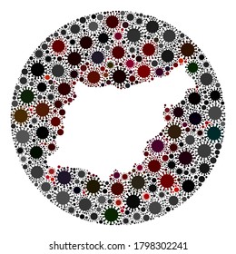 Collage de mapas del virus de la gripe en la provincia de Vector Gipuzkoa. La infección ataca el territorio de bloqueo desde el espacio. Collage del mapa de la provincia de Gipuzkoa, círculo de hoyos, formado por partes infectadas.