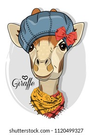 Vector giraffe with blue hat and scarf. Hand drawn illustration of dressed camelopard.