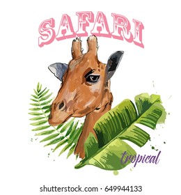 Girafa vetorial com folhas tropicais exóticas. Logo, emblema para safári, zoológico e resort.