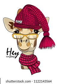 Vector giraffe with glasses, red knitted hat and scarf. Hand drawn illustration of dressed camelopard.