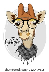 Vector giraffe with glasses and scarf. Hand drawn illustration of dressed camelopard.