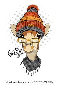 Vector giraffe with glasses, scarf and knitted hat. Hand drawn illustration of dressed camelopard.