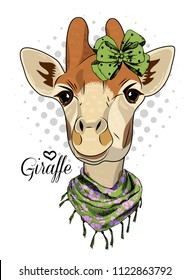 Vector giraffe with green bow and scarf. Hand drawn illustration of dressed camelopard.