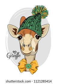 Vector giraffe with green knitted hat and knitted blue scarf. Hand drawn illustration of dressed camelopard.