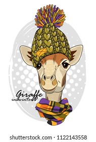 Vector giraffe with green knitted hat and scarf. Hand drawn illustration of dressed camelopard.