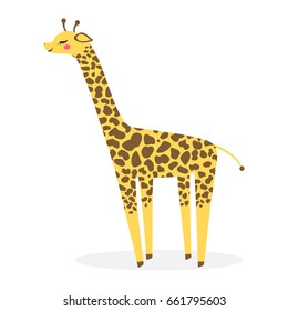 Vector giraffe isolated, cartoon style. Cute animal character for card, baby shower, invitation. Animal print for t-shot. Vector art, safari vector illustration. Spotted print wild animal.