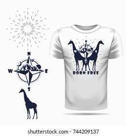 Vector giraffe silhouette view side for retro logos, emblems, badges, labels template vintage design element. Isolated on t-shirt blank