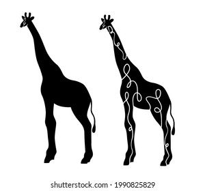 	
Vector giraffe standing black silhouette.Isolated on white with hand drawn lines. Animal art graphic decoration. Wildlife African mammal. Jungle 