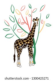 Vector giraffe stands on the background of a tree with colorful leaves.