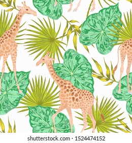 Vector giraffe with tropical leaves, fan palm, bamboo leaves seamless pattern