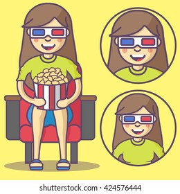 Vector girl in 3d glasses and with pop corn.  Set icons girl in 3d glasses character in cartoon style. 