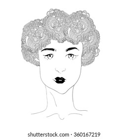 Vector girl with abstract flower garland on the head. Uncolored contour pattern. Can be used as adult coloring book, card, invitation, t-shirt print. young pretty girl with doodle hairs. Face line art