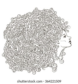 Vector girl with abstract flower garland on the head. Uncolored contour illustration. Can be used as adult coloring book, card, invitation, t-shirt print. 