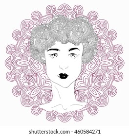 Vector girl with abstract flower garland on the head. Uncolored contour pattern. Can be used as adult coloring book, card, invitation, t-shirt print. young pretty girl with doodle hairs.