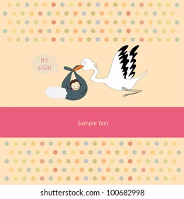 Vector of Girl arrival announcement card with egret bringing the Girl to parents. Kid birthday celebration concept