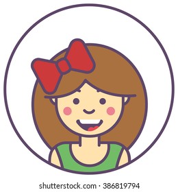 Vector girl avatar. Pretty girl with big red bow icon. Smile girl with lush hair avatar.