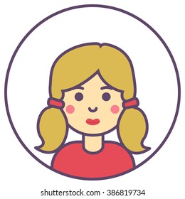 Vector girl avatar. Pretty girl with two braids icon. Blonde girl avatar.