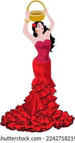 Vector girl with a basket on her head and a rose in her hair dances in a luxurious elegant dress with flounces. Spanish harvester dancing flamenco isolated on white background.