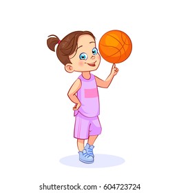 Vector girl basketball player junior sportsman twists on finger orange ball. Cutout vector kids art.