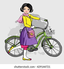 Vector girl with a bike. Hand drawn illustration of young lady. Girlie in a violet skirt and pink scarf. 