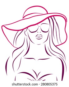 Vector girl in bikini and hat on a white background.. EPS illustration.