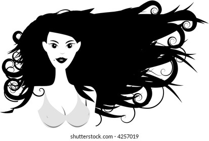 Vector - Niña en bikini posando con viento soplando en su cabello, copia espacio para insertar tu texto.