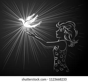 Vector girl with bird hand drawn illustration
