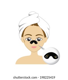 Vector of girl with black clear-up strips on nose (pore care) with highlight pimple