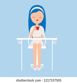 Vector of a girl with blue hair having a tea / coffee on a very pretty little table.