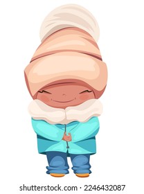 Vector girl in a blue jacket, blue pants and a big warm hat. Shy child holding pens, smiling.