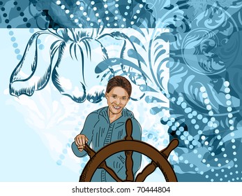 vector girl in blue with steering control on floral pattern, clipping mask, eps10