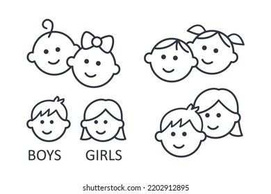 Vector girl and boy icons. Editable stroke. Set line icons of children. Kids signs toilet changing room. A couple of kindergartners schoolchildren teenagers. Isolated elements on white background