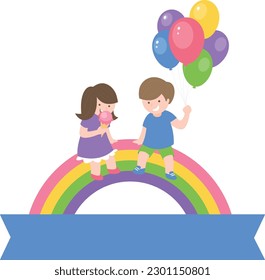vector a girl and a boy on a rainbow