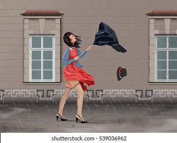 Vector Girl With Broken Umbrella On the Street In Windy Rainy Day, Eps10 Vector, Gradient Mesh and Transparency Used