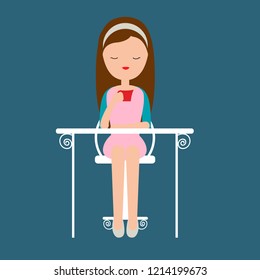 Vector of a girl with brown hair having a tea / coffee on a very nice little table.