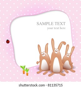 Vector girl card with text and three rabbits