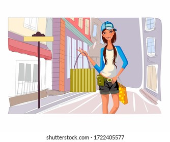 
vector of a girl carrying a lot of shopping