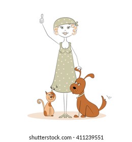 Vector - girl with cat and dog