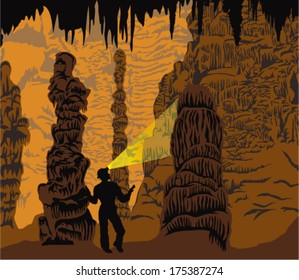 Vector girl caver in cave with stalactites and stalagmites 