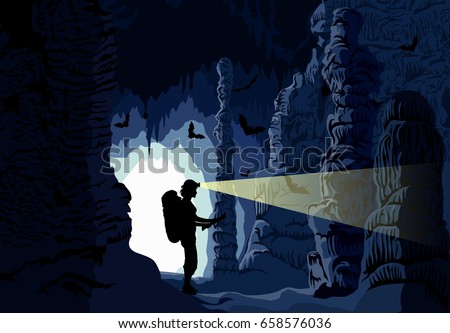 Vector girl caver in cave with stalactites and stalagmites and bats