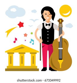 Vector Girl with Cello. Flat style colorful Cartoon illustration.