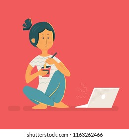 Vector girl character design illustration. Freelance lazy woman eating instant noodle watching tv series with laptop computer.