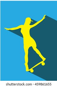 Vector girl character riding longboard skateboard. Icon