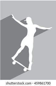 Vector girl character riding longboard skateboard. Icon
