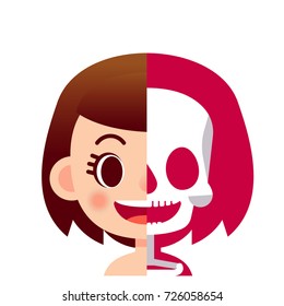 Vector girl character showing skeleton in other half side of the body.