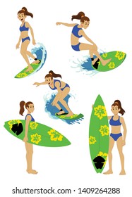 vector of girl character surfing set